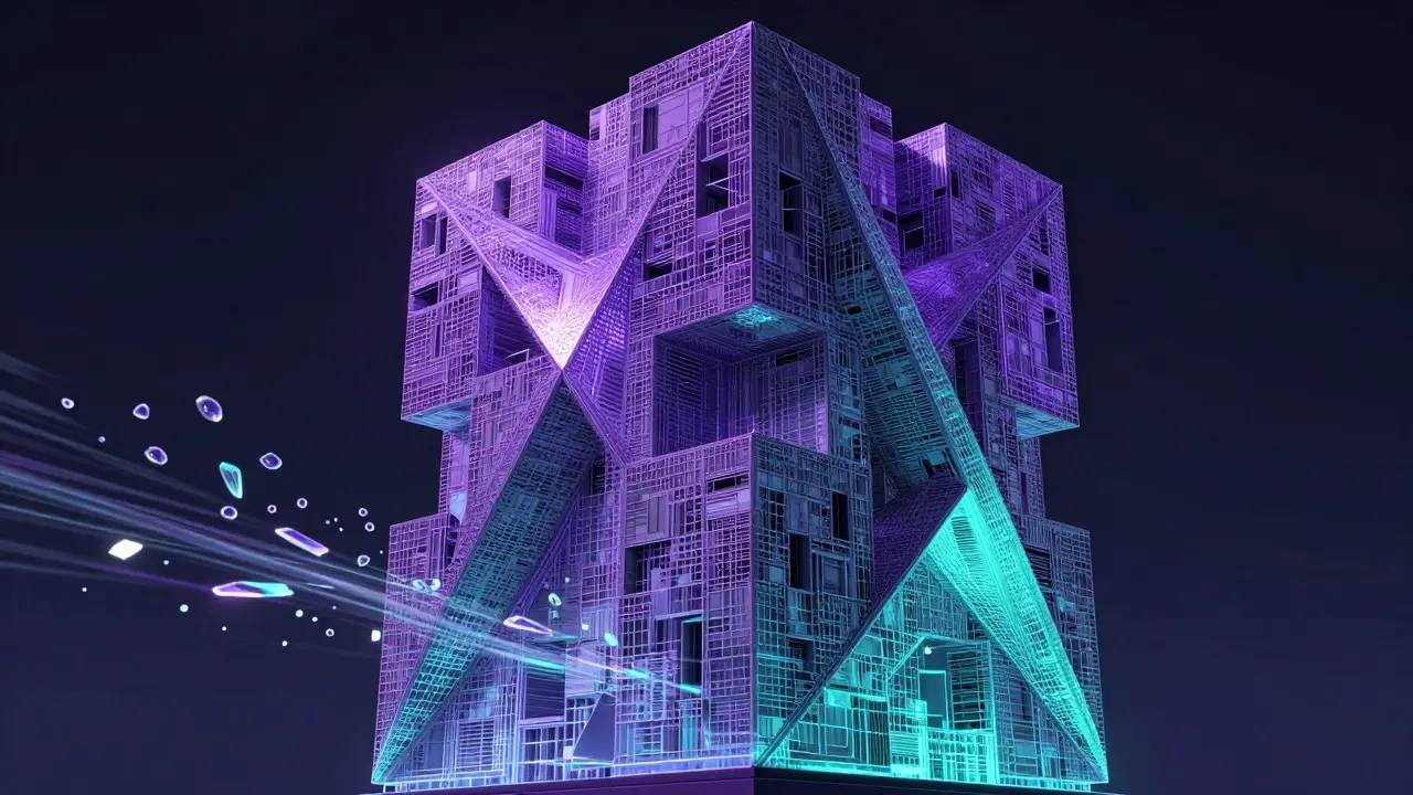Abstract Cubist tower representing efficient, sparse trillion-parameter AI models.