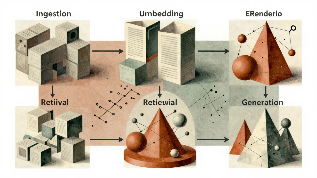 Abstract Cubist visualization of RAG data pipeline stages and vector search