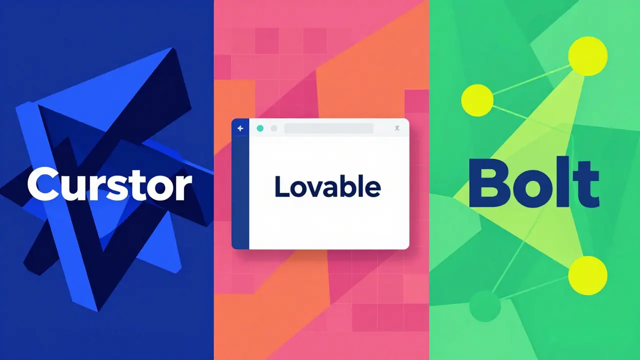 Cubist art comparing Cursor, Lovable, and Bolt coding platforms