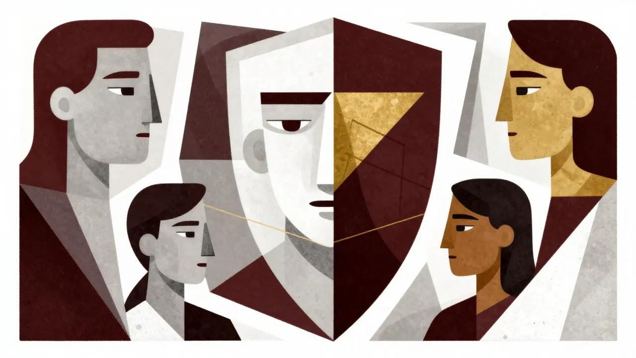 Cubist art showing geometric shields and faces for AI governance and compliance