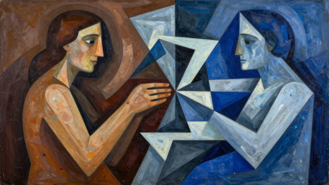 Cubist collage merging organic human shapes with rigid machine forms.