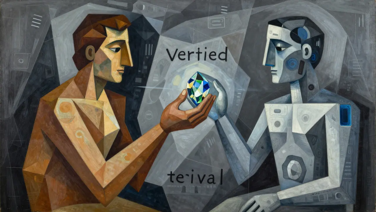 Cubist depiction of a human expert verifying data for an AI system using geometric forms.