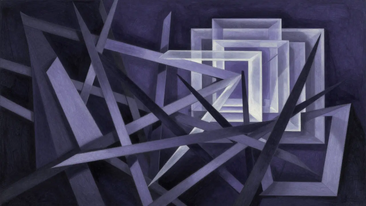 Cubist depiction of AI challenges transforming into streamlined future efficiency