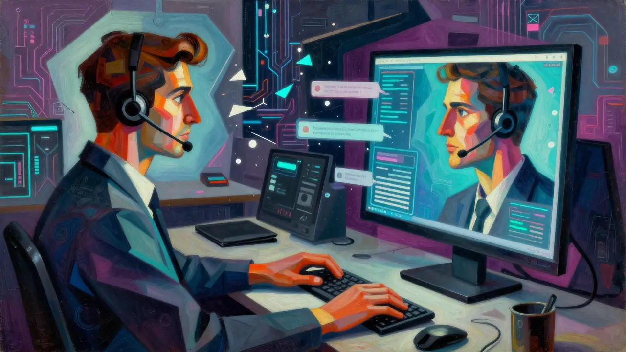 Cubist depiction of an agent assisted by real-time AI data overlays.