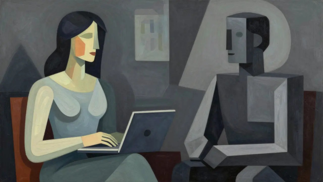 Cubist depiction of contrasting worker figures illustrating productivity divide