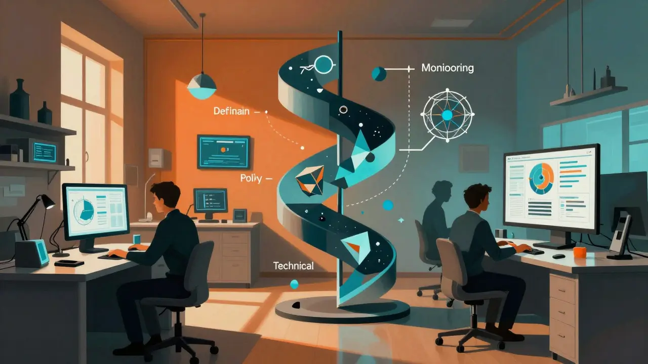 Cubist depiction of engineers and tools illustrating the practical implementation of ethical AI.