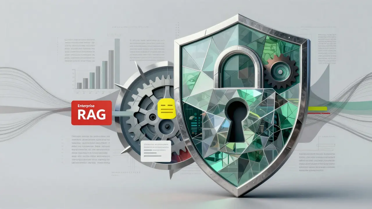 Cubist depiction of RAG security shields and future tech