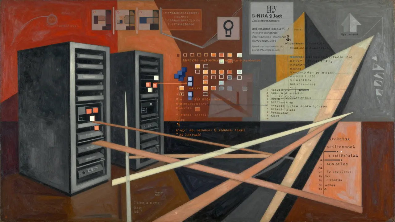 Cubist depiction of server data flows and AI regulation concepts