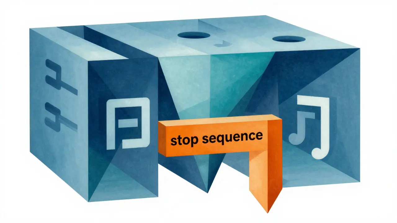 Cubist depiction of tokens flowing through a stop sequence gate