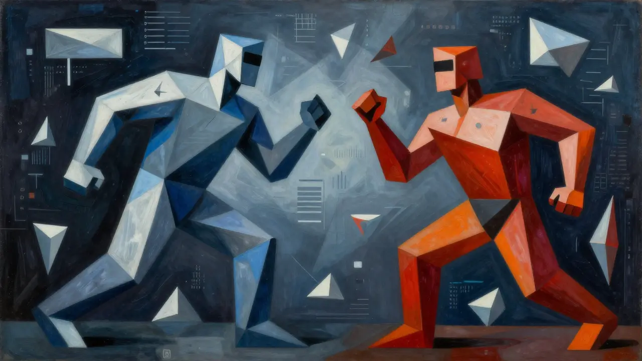 Cubist depiction of two angular figures in an AI data arms race