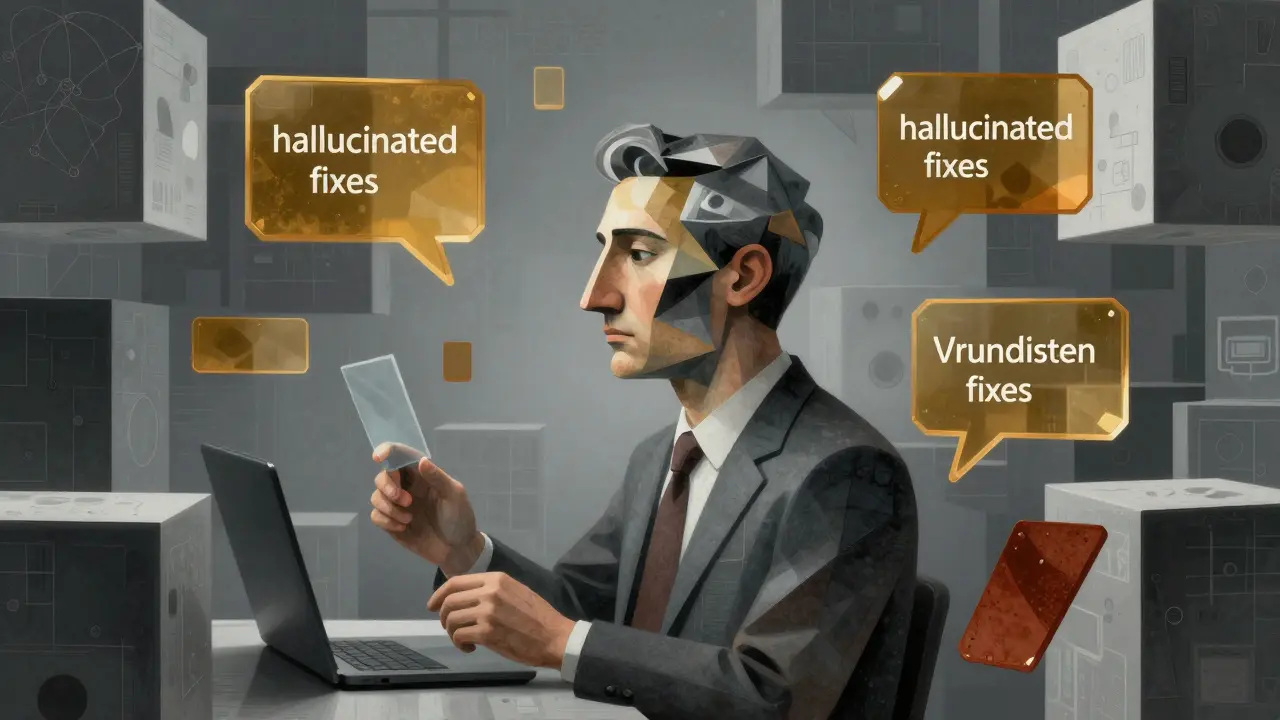 Cubist engineer reviewing abstract AI error warnings