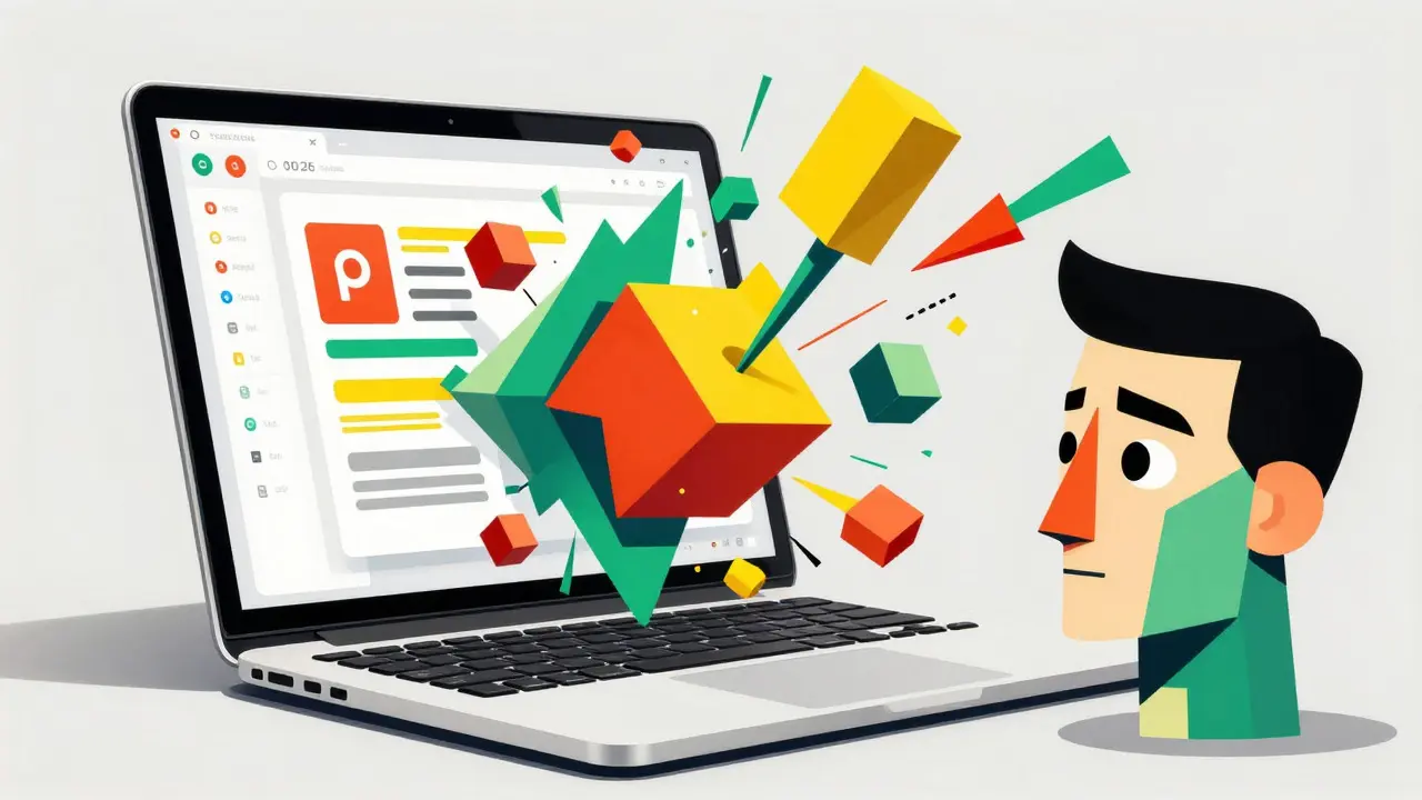 Cubist illustration of a laptop screen bursting with colorful geometric UI components
