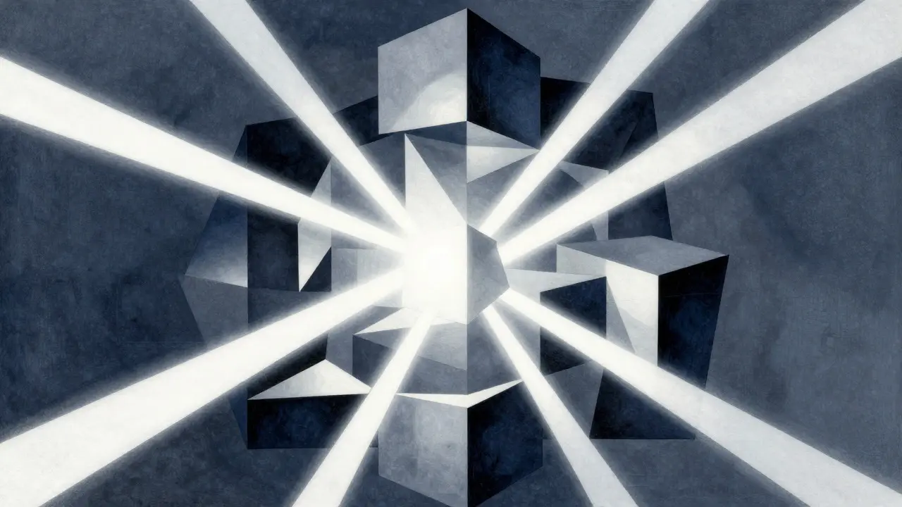 Cubist illustration of a structured crystal tower with light beams, representing grounded AI data.