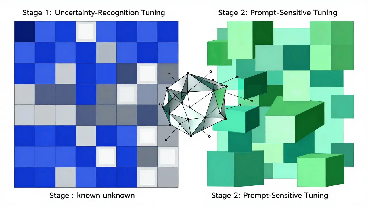Cubist illustration of a structured geometric process showing two stages of AI tuning and logic.