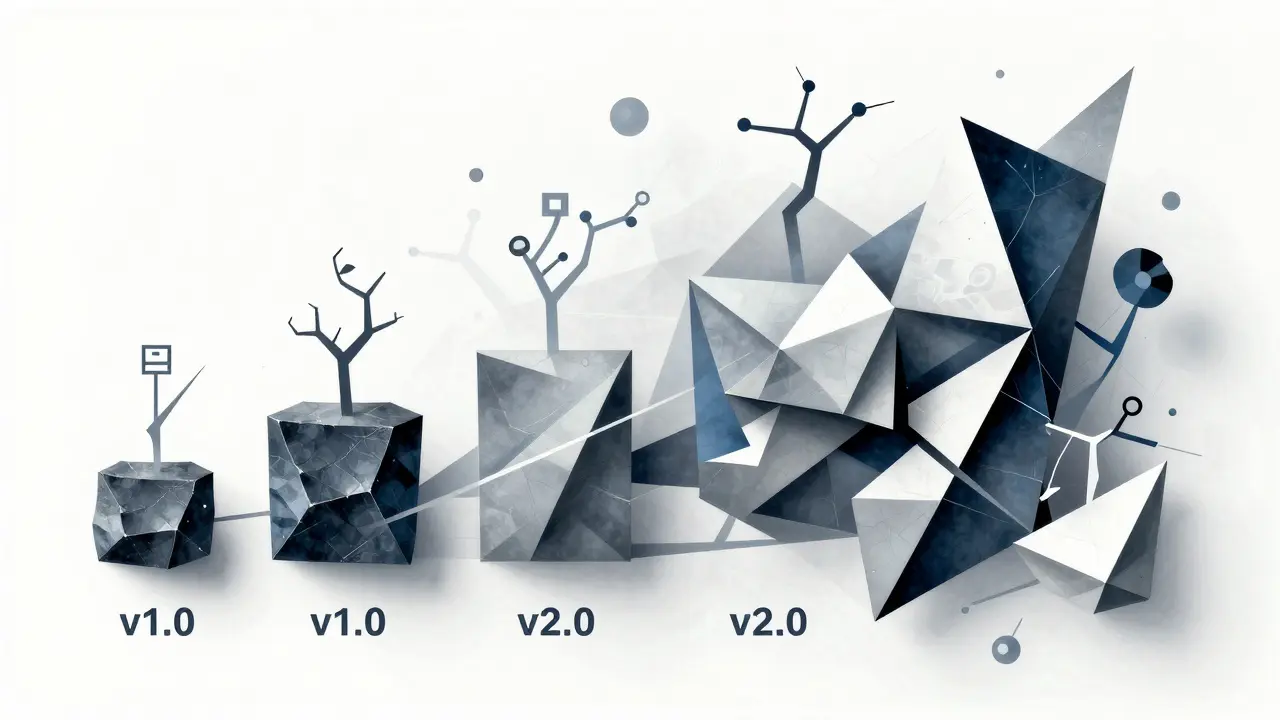 Cubist illustration of fractured timelines depicting AI prompt version control