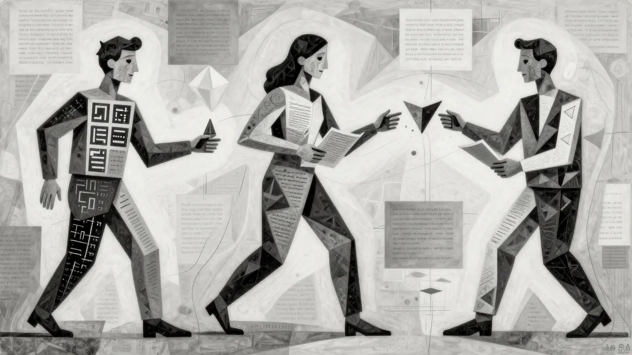 Cubist illustration of specialized AI agents passing tasks in a geometric workflow