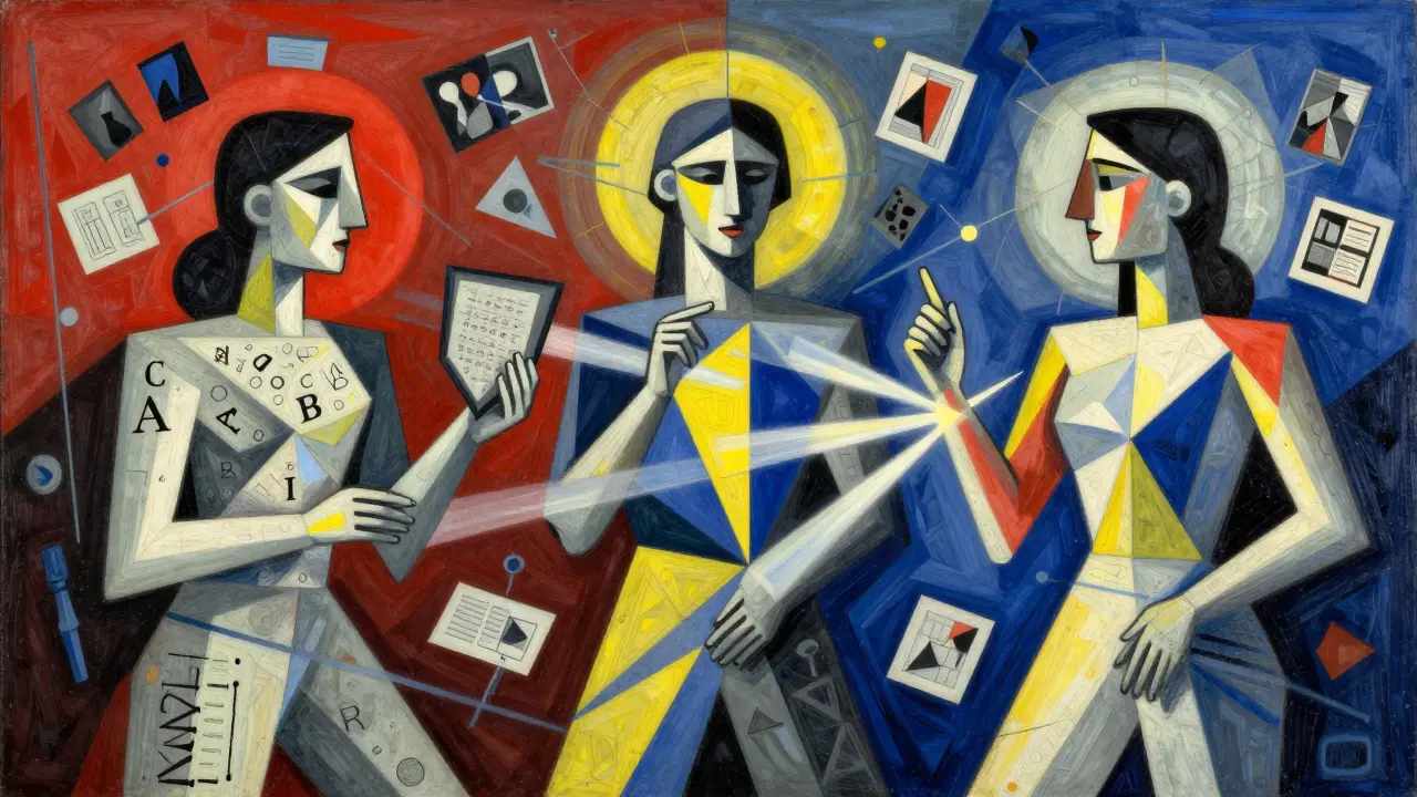 Cubist illustration of three AI agents collaborating on multimodal tasks