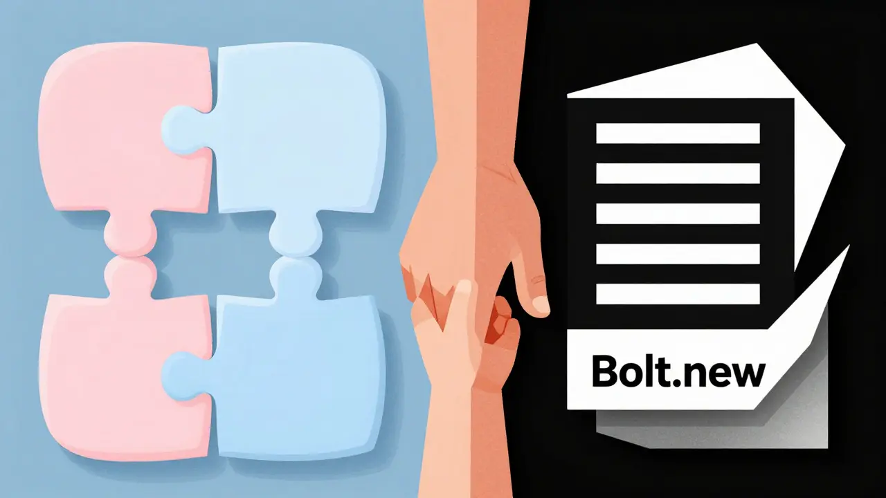 Cubist painting contrasting soft pink shapes for Lovable with rigid gray structures for Bolt.new