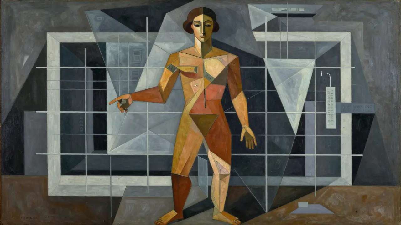 Cubist painting depicting a fragmented human figure amidst geometric tech structures.