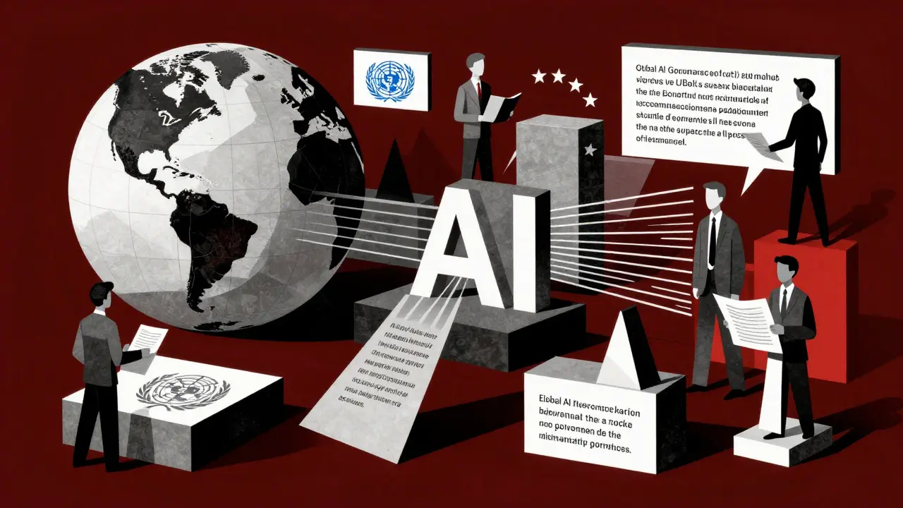 Cubist painting of fragmented globes and documents symbolizing global AI governance frameworks.
