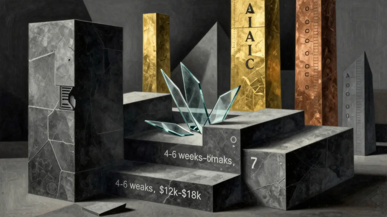 Cubist painting of heavy stone blocks and golden pillars symbolizing AI costs and regulations.