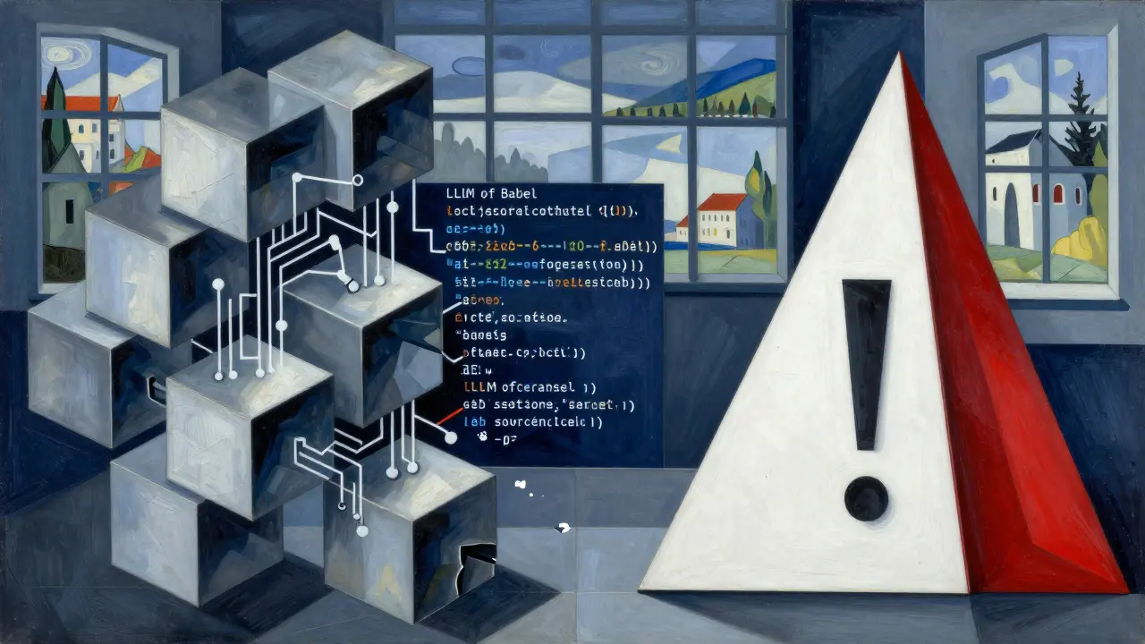 Distorted cubes and sharp medical symbols depicting coding errors and safety risks in Cubism style.