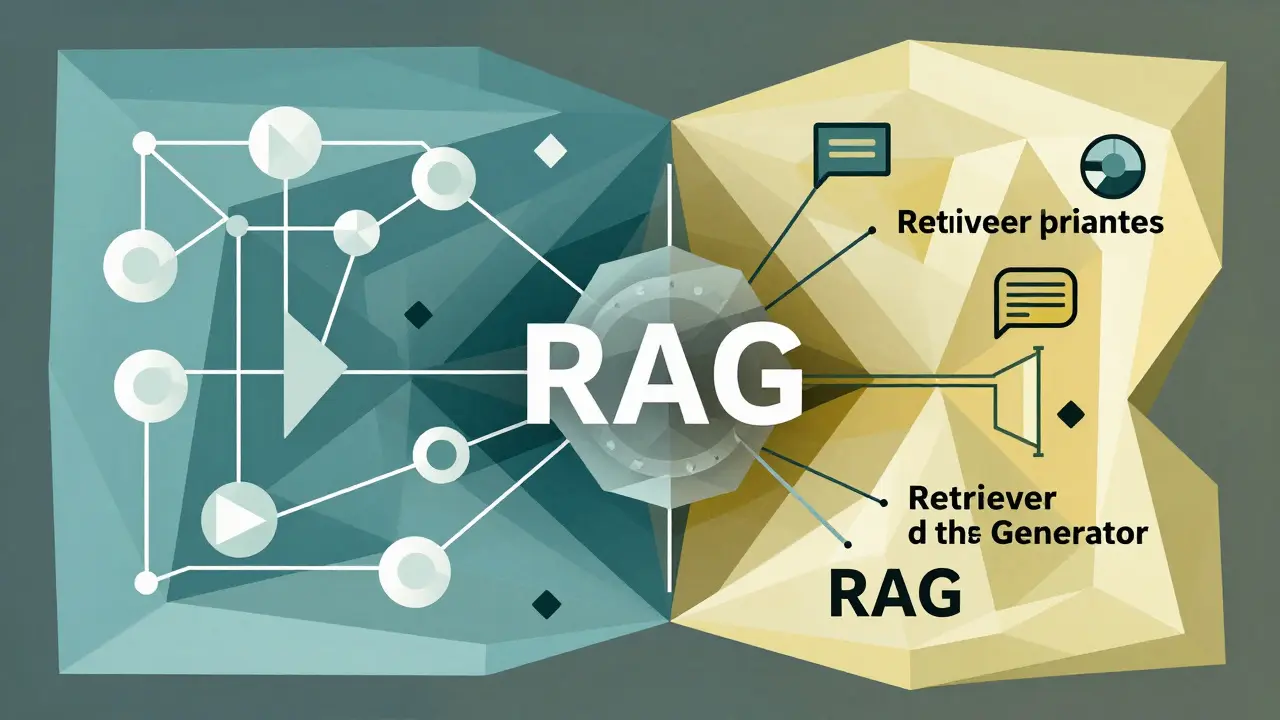 Geometric Cubist depiction of RAG retriever and generator components.