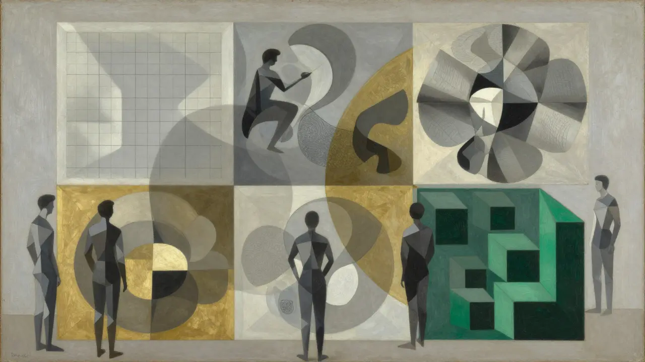 Overlapping planes and angular figures illustrating the multi-dimensional Menlo evaluation framework.