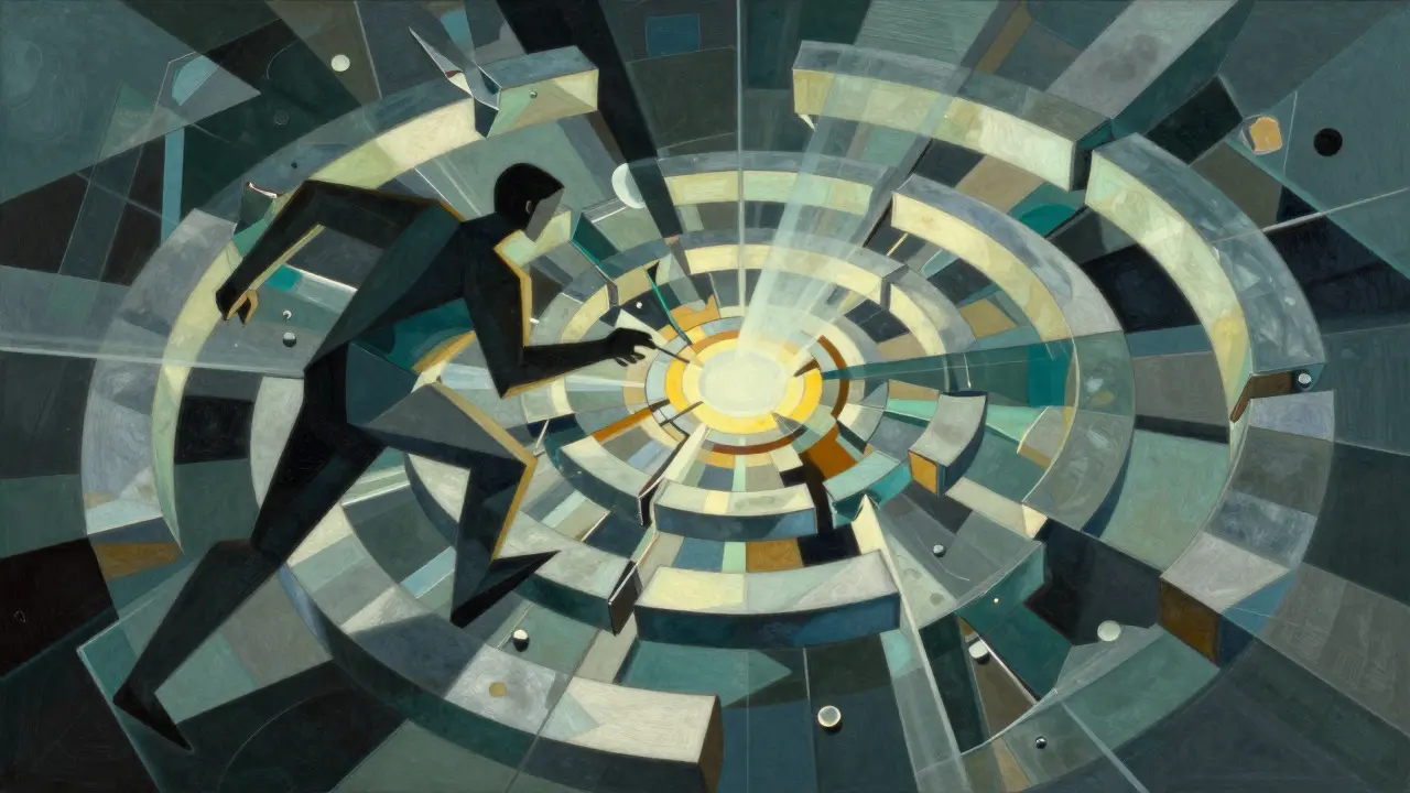 Abstract Cubist depiction of layered dynamic guardrails blocking digital threats