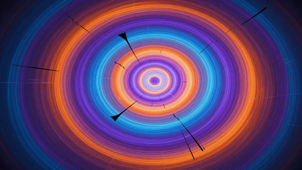 Abstract Orphic Cubism piece illustrating AI model drift with pulsating rings and jagged disruptions.