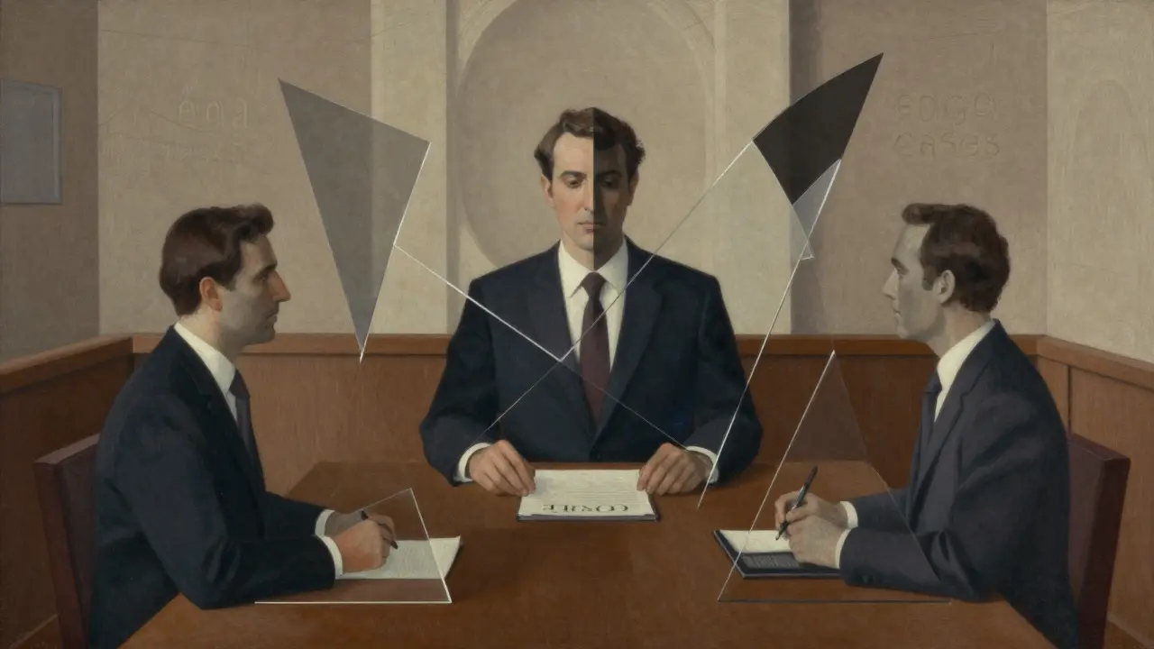 Analytic Cubism depiction of a professional figure surrounded by geometric tension