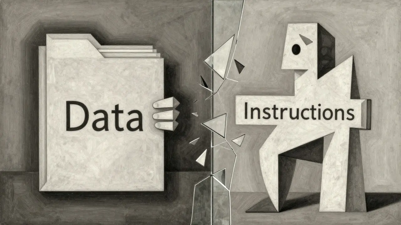 Analytical Cubism depiction of data and instructions separated by a structural wall