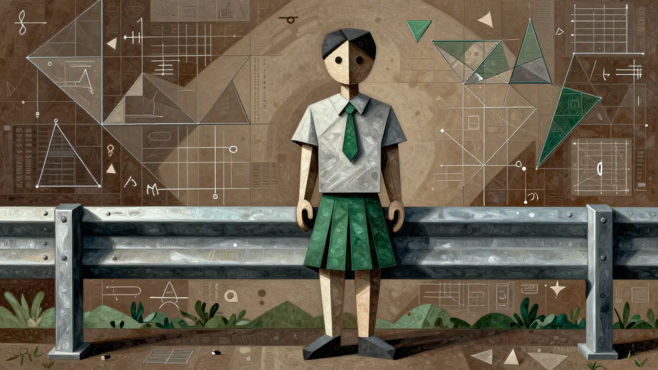 Cubist art of a geometric student figure within a structured framework, representing safe AI training