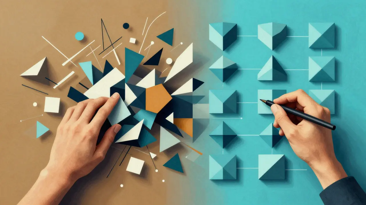 Cubist art showing human hands organizing chaotic geometric data into structured patterns