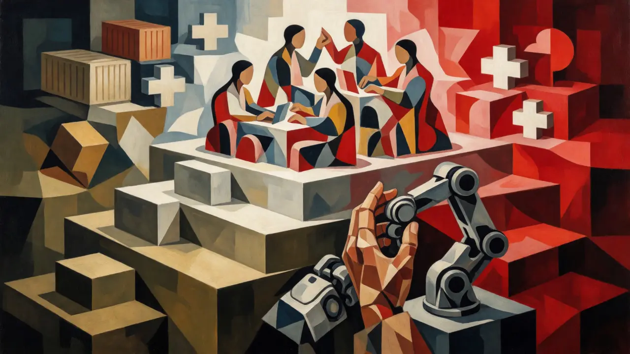 Cubist artwork depicting ascending levels of AI autonomy and human oversight in real-world applications.