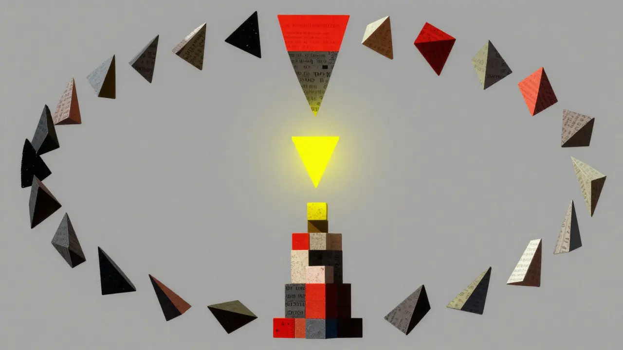 Cubist depiction of a circular selection process with glowing geometric shards
