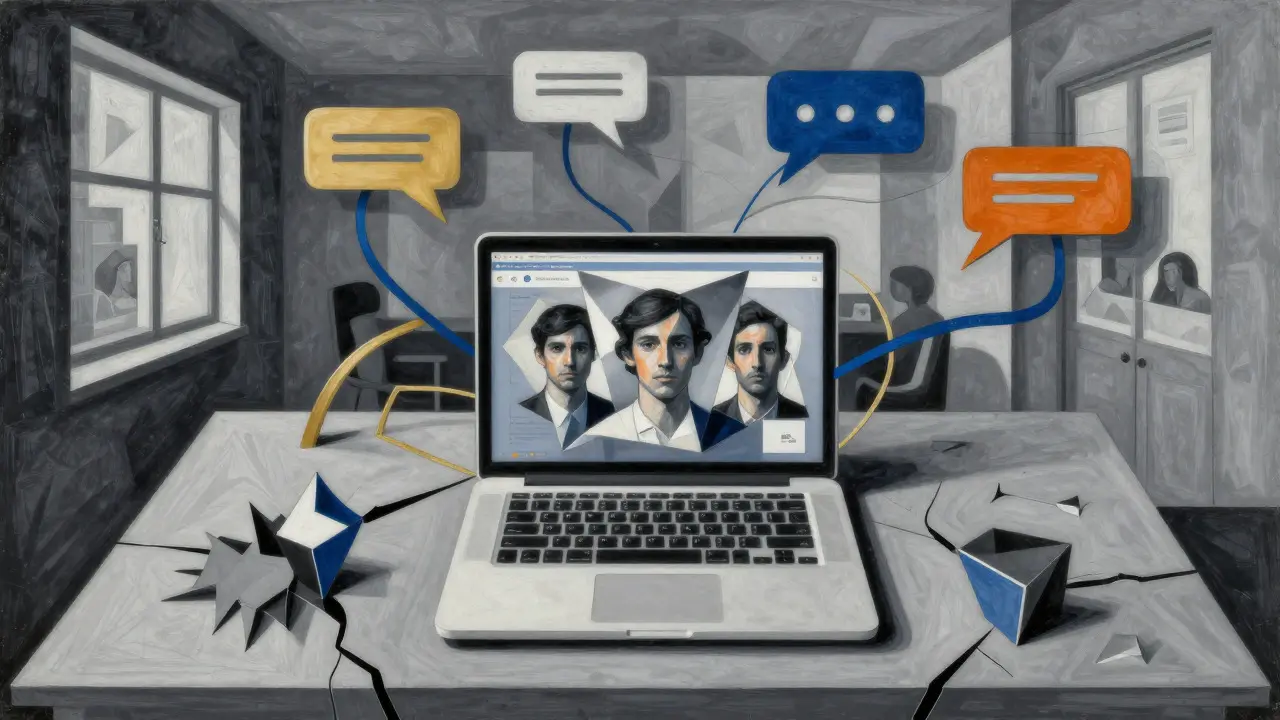 Cubist depiction of a desk with a laptop and swirling communication lines in an office