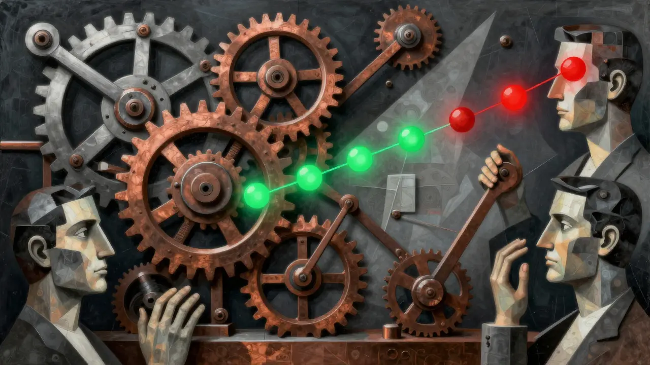 Cubist depiction of a machine reallocating resources from failing to successful AI projects