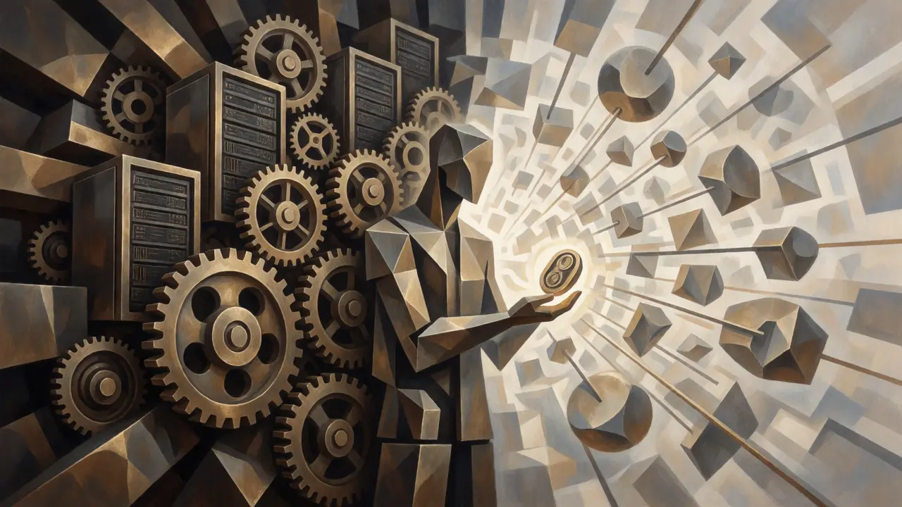 Cubist depiction of local server hardware versus cloud API networks in an AI architecture context.
