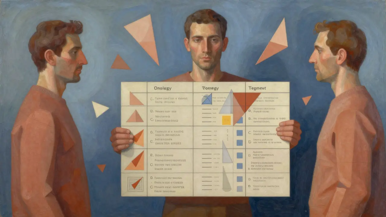 Cubist figure organizing data shards into a geometric checklist grid
