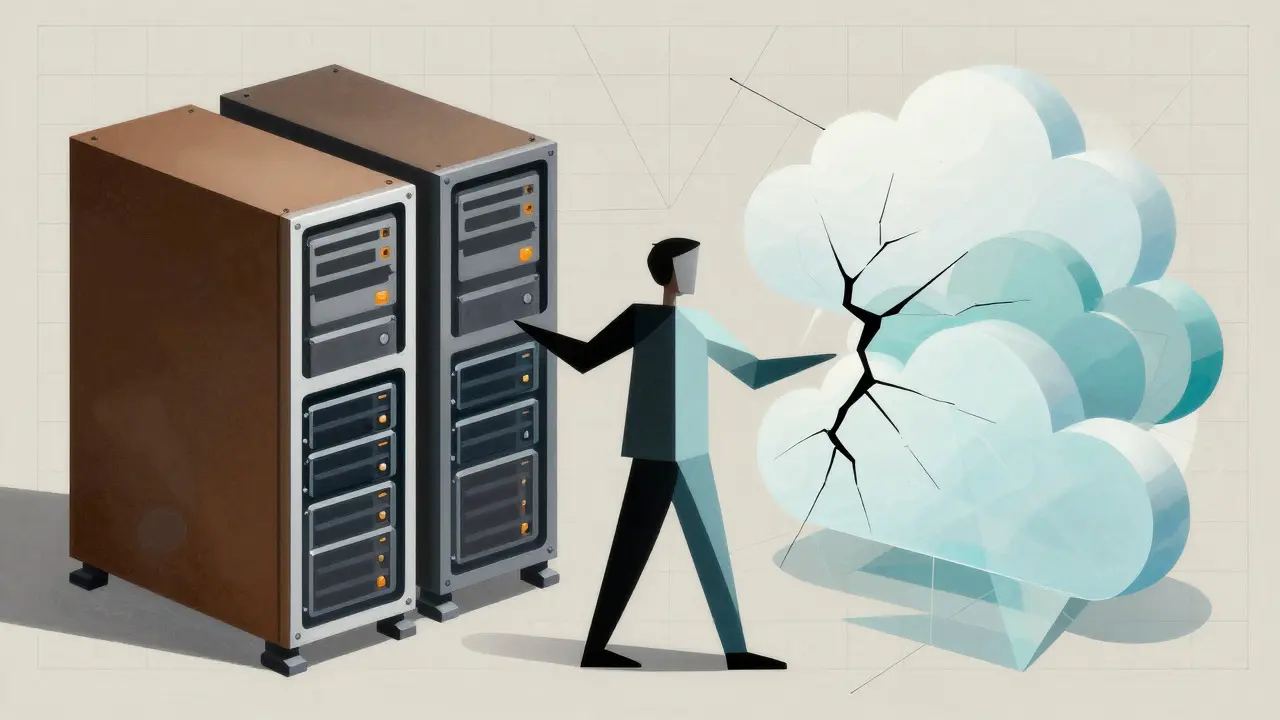 Cubist illustration comparing physical on-prem servers with abstract private cloud layers