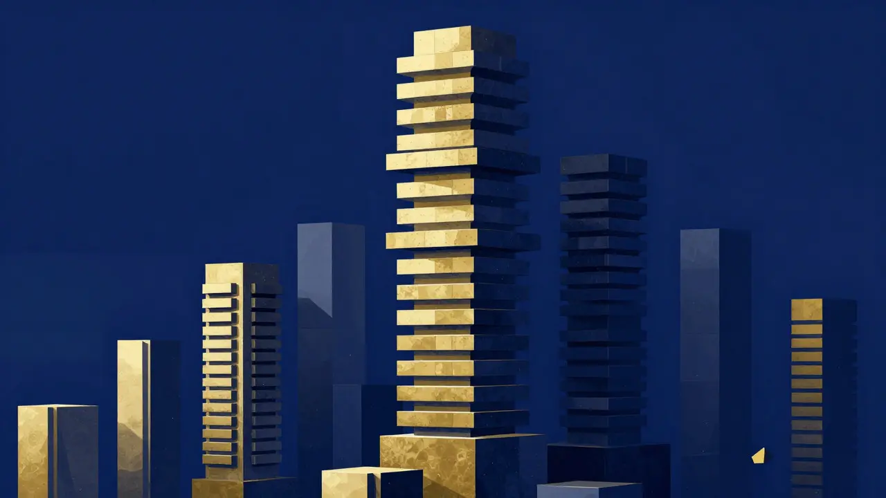 Cubist illustration of a stable, layered tower structure rising amidst fading fragments