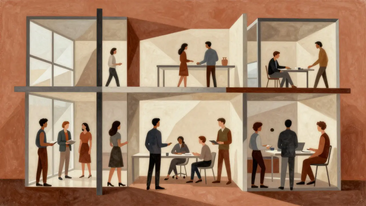 Cubist illustration of a team integrated into a secure architectural structure