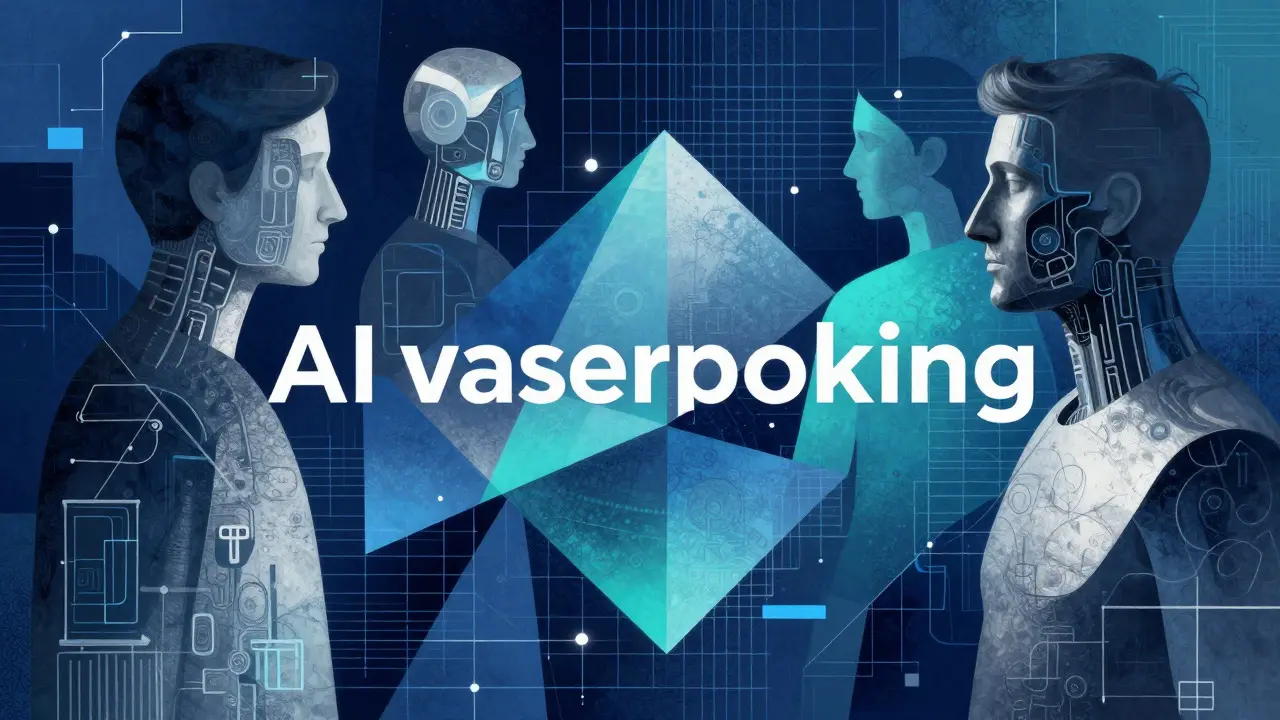 Cubist illustration of AI watermarking and human-machine synergy