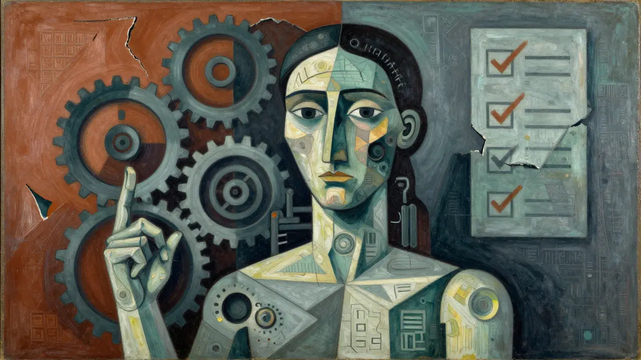 Cubist illustration of an abstract AI figure surrounded by gears and error shapes