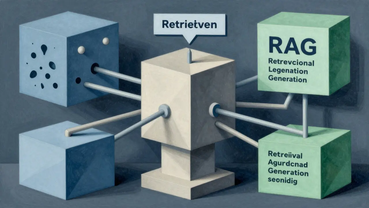 Cubist illustration of an AI model connecting to organized external data blocks