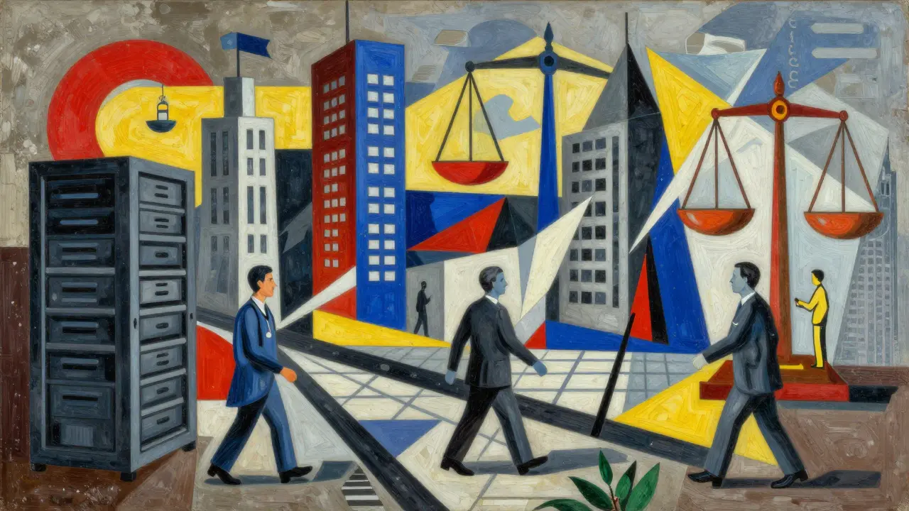 Cubist illustration of an industrial cityscape with scales of justice, depicting regulatory compliance