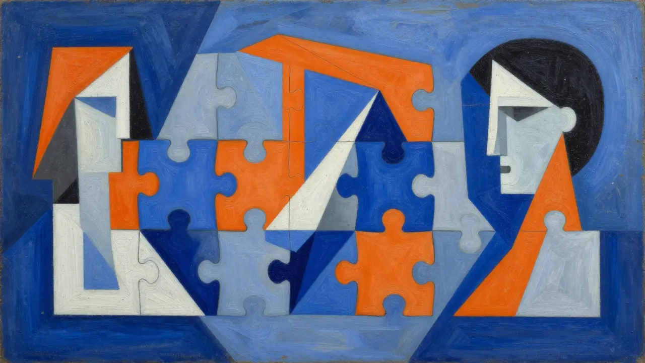 Cubist illustration of coherent geometric shapes fitting together, symbolizing semantic chunking accuracy.