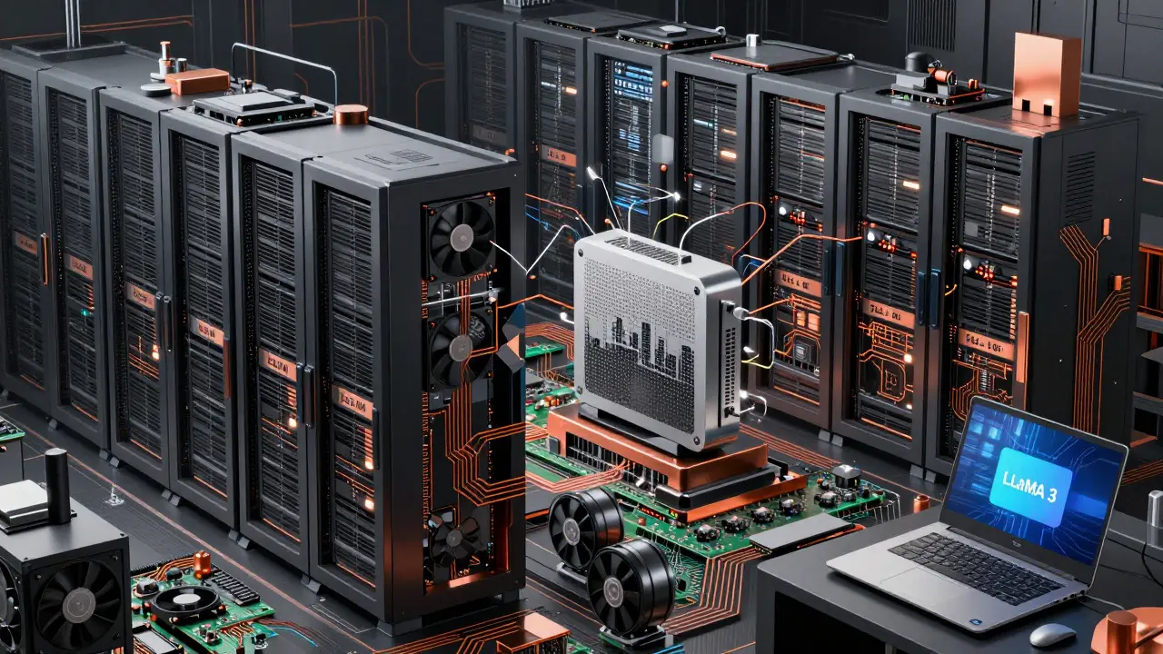 Cubist illustration of GPUs and laptops representing AI hardware diversity