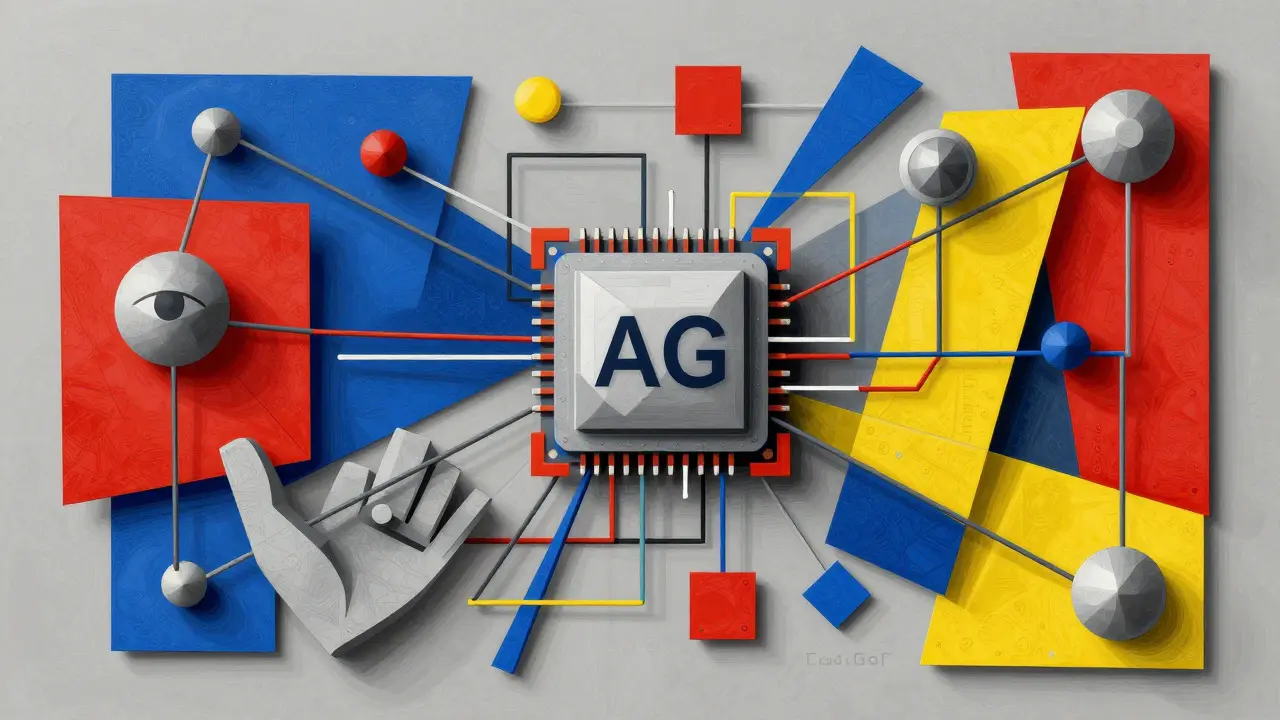 Cubist illustration of interconnected nodes and geometric forms representing AI safety